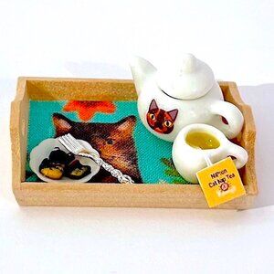 Dollhouse Miniature TORTOISESHELL CAT Nipton Tea Tray Clay Set Mini Cookies